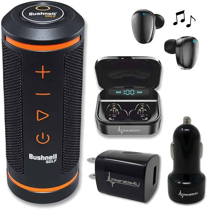 Bushnell Wingman GPS Bluetooth Speaker with Included Wearable4U Ultimate Black Earbuds with Power Case and Wall/Car Chargers Bundle