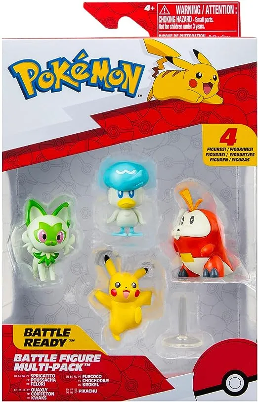 Pokémon Paldea Battle Figure 4 Pack - Features 2-Inch Pikachu, Fuecoco, Sprigatito, and Quaxly Battle Figures