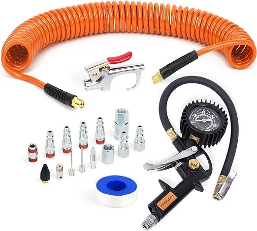 18 Pieces Air Compressor Accessories kit, 1/4 inch x 25 ft Recoil Poly Air Compressor Hose Kit, 1/4" NPT Quick Connect Air Fittings, 100 PSI Tire Inflator Gauge, Heavy Duty Blow Gun