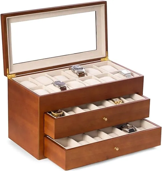 Bey-Berk BB686BRW Cherry Wood 36 Watch Box with Glass Top & 2 Drawers, Velour Lining & Pillows, Brown