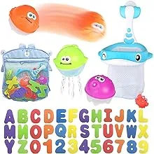 Bath Toy Sets, 36 Foam Bath Letters and Numbers, Floating Squirts Animal Toys Set with Fishing Net and Organizer Bag, Fish Catching Game for Babies Infants Toddlers Bathtub TimeBath Toy Sets, 36 Foam Bath Letters and Numbers, Floati…