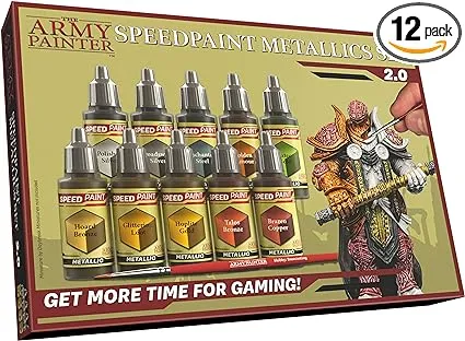 The Army Painter Speedpaint Metallics Set 2.0-10x18 ml Speed Model Paint Kit with Mixing Balls, Basecoating Model Paint Brush & Painting Guide, Army Painter Speed Paint Metallic Miniature Painting Kit