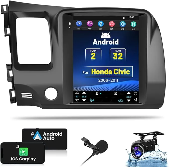 Roinvou Android Car Stereo for 2006-2011 Honda Civic, Built-in CarPlay Car Radio with Android Auto, 9.7'' Vertical Touch Screen in-Dash GPS