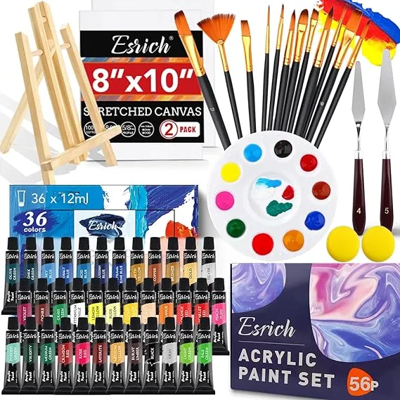 Acrylic Paint Set,56 PCS Professional Painting Supplies with Paint Brushes, 36 Colors Acrylic Paints, 1 Easel, 2 Painting Canvases, Palette, Paint Knives and Art Sponges for Hobbyists and BeginnersAcrylic Paint Set,56 PCS Professional Painting Supplies w