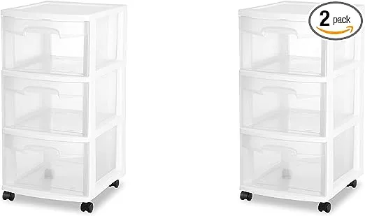 Sterilite 28308002 3 Drawer Cart, White Frame with Clear Drawers and Black Casters, 2-Pack