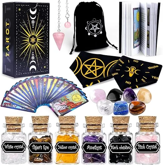 YixangDD Tarot Cards with Guide Book 18 Pcs Include 1 Deck of 78 Cards 、6 Mini Crystal Jars，7 Chakra Stones,1 Spirit Pendulum，1 Cloth ，1Goddess of Earth Pendulum mat，1 Velvet Bag