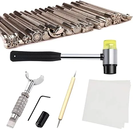 Leather Stamping Tools Kit,Leather Different Shape Saddle Making Stamp Punch Set,Leather Carving Tools Kit with Leather Working Hammer, Swivel Knife,Tracing Paper and Tracing PenLeather Stamping Tools Kit,Leather Different Shape Saddle Making Stamp Punch