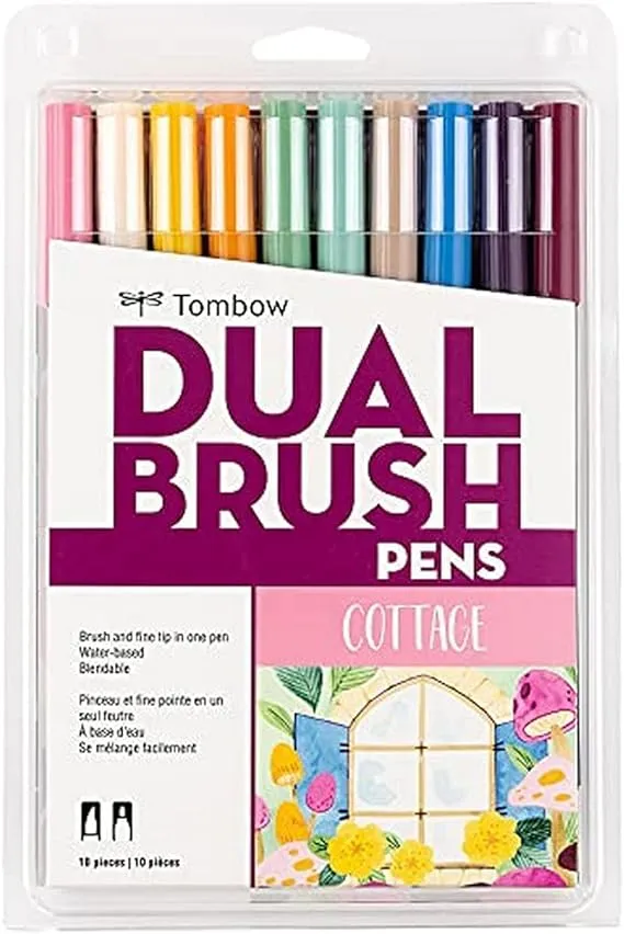 Tombow 56216 Dual Brush Pen Art Markers, Cottage, 10-Pack. Blendable, Brush and Fine Tip Markers