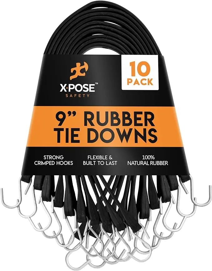 Rubber Bungee Cords with Hooks 10 Pack 9 Inch (14” Max Stretch) Heavy-Duty Black Tie Down Straps for Outdoor, Tarp Covers, Canvas Canopies, Motorcycle, and Cargo - by Xpose Safety