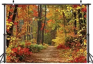 LYWYGG Autumn Scenery Deciduous Background 7x5ft Vinyl Deciduous Mountain Road Photography Backdrop Tree and Yellow Fall Leaves View Background Studio Props CP-67