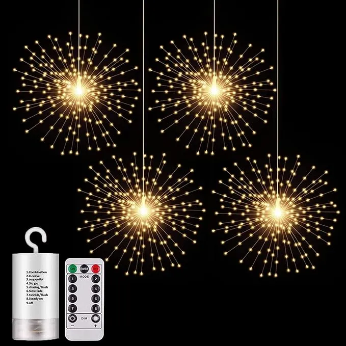 4 Pack Starburst Sphere Lights,200 LED Firework Lights, 8 Modes Dimmable Remote Control Waterproof Hanging Fairy Light, Copper Wire Lights for Patio Parties Christmas (4 Pack Battery Operated)