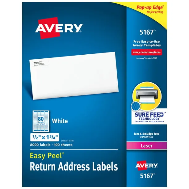 Avery Easy Peel Return Address Labels, Permanent Adhesive, 1/2" x 1-3/4", 8,000 Labels (5167)