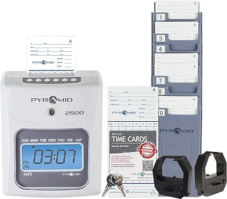 Pyramid Time Systems 2500K1 Bundle, Includes Model 2500 Auto Aligning and Top Loading Time Clock, 100 Time Cards, Two Ink Ribbon Cartridges, One 10