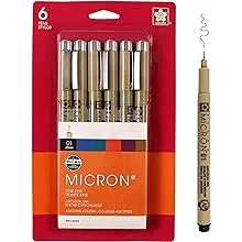 SAKURA Pigma Micron Fineliner Pens - Archival Black and Colored Ink Pens - Pens for Writing, Drawing, or Journaling - Black and Assorted Colored Ink - 01 Point Size - 6 Pack