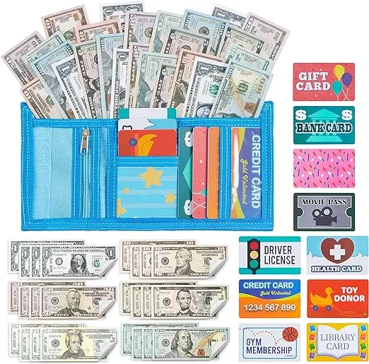 JOYIN 35pcs Kids Pretend Money, Play Credit Cards Set, Toddler Wallet, Single-Sided Printed Currency（Copy for Cash Register Play, Math Learning Toy, Dress Up Party Favors, Birthday GiftJOYIN 35pcs Kids Pretend Money, Play Credit Cards Set…