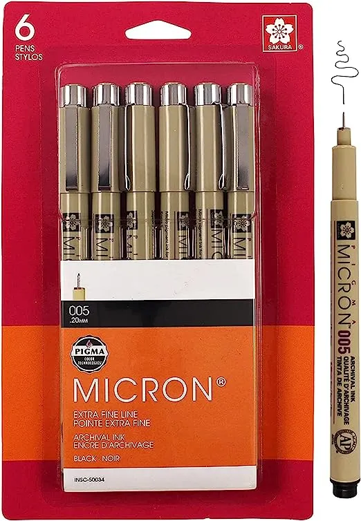 Sakura 6-Piece Pigma Micron Ink Pen Set, Black, 0.20 mm