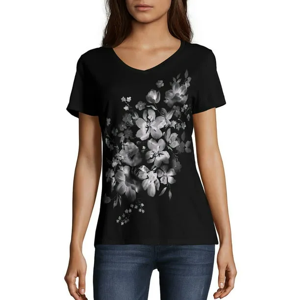 Hanes Women's Bleach Floral Cascade Short-Sleeve V-Neck Graphic Tee