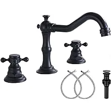 GGStudy Black Bathroom Faucet 2 Handles 3 Holes Faucet 8 inch Widespread Bathroom Sink Faucet Tap Mixer Supply Hose Included Matching Metal Pop Up Drain