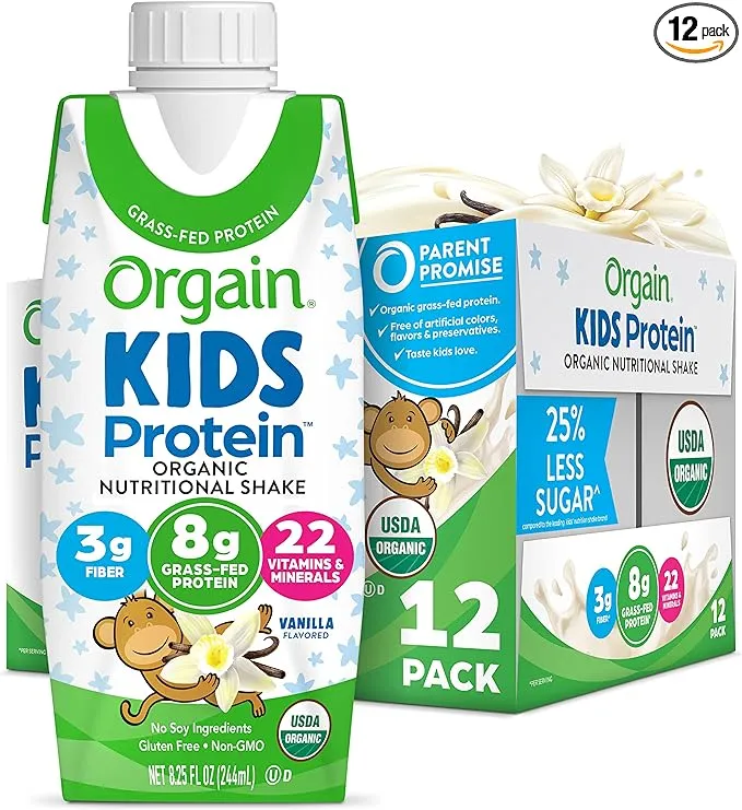 Orgain Organic Kids Nutritional Protein Shake, Vanilla - Kids Snacks with 8g Dairy Protein, 22 Vitamins & Minerals, Fruits & Vegetables, Gluten Free, Soy Free, Non GMO, 8.25 Fl Oz (Pack of 12)