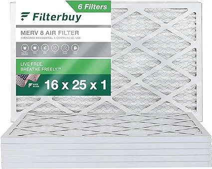 Filterbuy 16x25x1 MERV 8 Pleated AC Furnace Air Filter, Pack of 6 Filters, 16x25x1 Silver