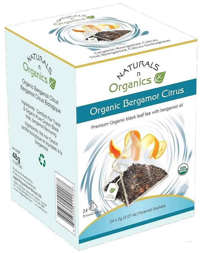 Naturals-n-Organics Organic Bergamot Citrus Earl Grey Tea with Natural Italian Bergamot Oil for Autophagy and Detox, 24 Bio-degradable Pyramid Tea Bags