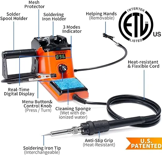 YIHUA 926 III 60W LED Display Soldering Iron Station Kit w 2 Helping Hands, 6 Extra Iron Tips, Roll of Lead-Free Solder, Solder Sucker, S/S Tweezers, °C/ºF Conversion, Auto Sleep & Calibration Support