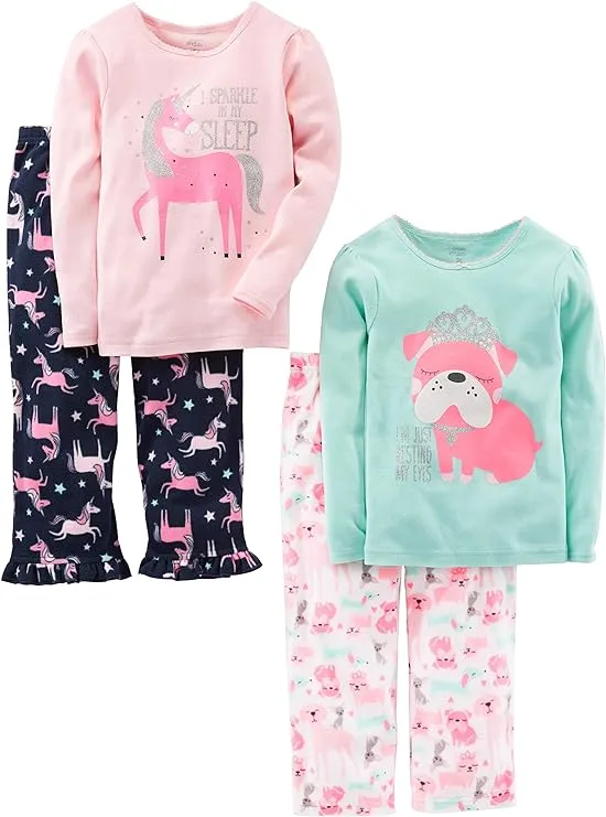 Simple Joys by Carter's Girls and Toddlers' 4-Piece Pajama Set (Cotton Top & Fleece Bottom)