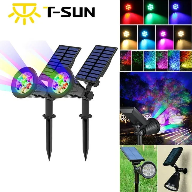 T-SUN Solar Spotlights, Color Changing 7 LED Waterproof Solar Garden Lights, Auto ON/OFF Adjustable Landscape Spot Lights, 2-IN-1 Solar Wall lights for Patio, Yard, Garden, Driveway, Pool Area