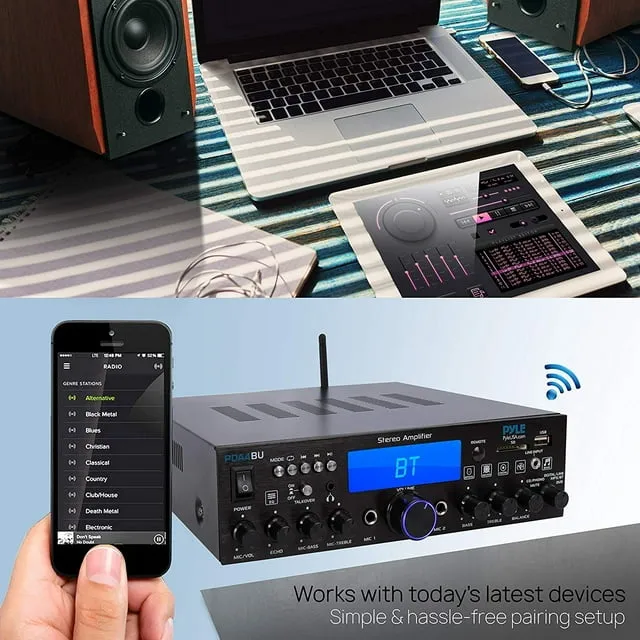 Pyle Wireless Bluetooth Stereo Amplifier-Multi-Channel 200W Amplifier Home Audio Receiver System Bundle Combo with 2x 3.5'' 3-Way Weather Proof Mini