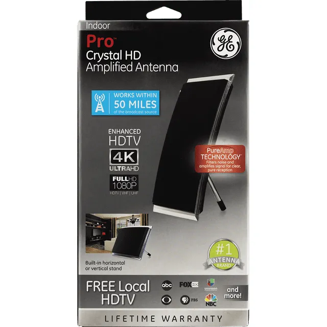 GE Crystal Antenna, Amplified, High Definition, Long Range Smart TV Antenna, Supports 4K 1080P HDVHF UHF, J Mount Included for Attic or Outdoor, Weather Resistant 48732-RF1