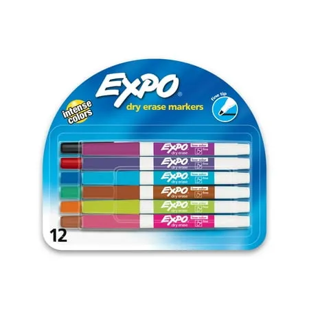 EXPO Low Odor Dry Erase Markers, Fine Tip, Assorted Colors, 12 Count