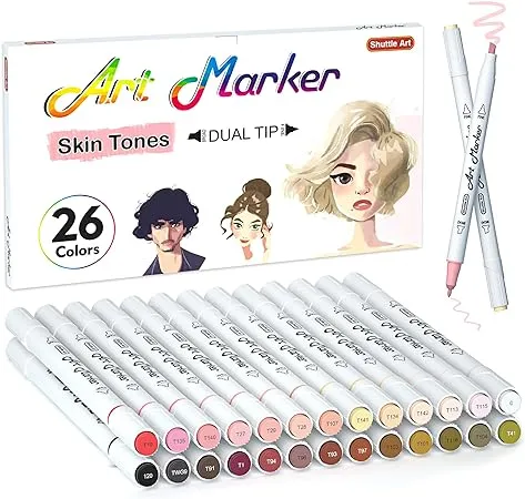 Shuttle Art 26 Colors Skin Tone&Hair Art Markers, Dual Tip Alcohol Based Flesh-Color Marker Pen Set Contains 1 Blender Perfect for Kids & Adults Portrait,Comic, Anime, Manga, Illustration