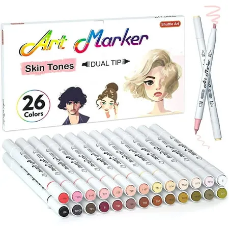 Shuttle Art 26 Colors Skin Tone&Hair Art Markers, Dual Tip Alcohol Based Flesh-Color Marker Pen Set Contains 1 Blender Perfect for Kids & Adults