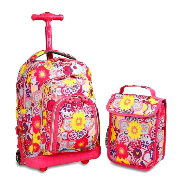 J World Girls Lollipop Kids 16" Rolling Backpack with Lunch Bag, Poppy Pansy