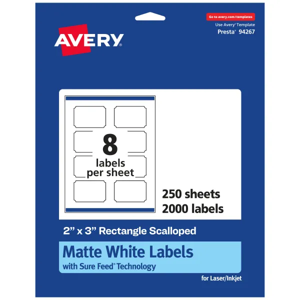 Avery Matte White Scalloped Rectangle Labels with Sure Feed, 2" x 3", 200 Matte White Printable Labels