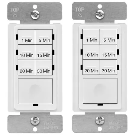 ENERLITES Countdown Timer Switch for Bathroom fans and Household Lights, 1-5-10-15-20-30 Min, Manual Override, Always On Blue LED, Neutral Wire Required, White, 2 Pack