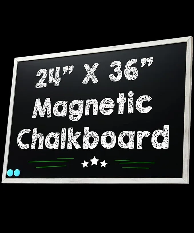 24 x 36 Magnetic Chalkboard Blackboard - Large Hanging Framed Wall Chalk Board w/Wooden Frame - Rustic 2x3 Wall Black Board to Use at Home and Office - Includes Magnets (Whitewashed)