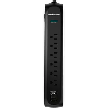 Monster Power 6 ft. 6 AC 2 USB-A Strip Surge Protector Black