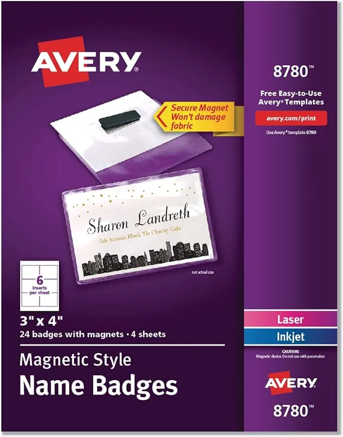 Avery Customizable Magnetic Name Badges, 3" x 4", White, 24 Printable Inserts and Badge Holders with Magnets (8780)