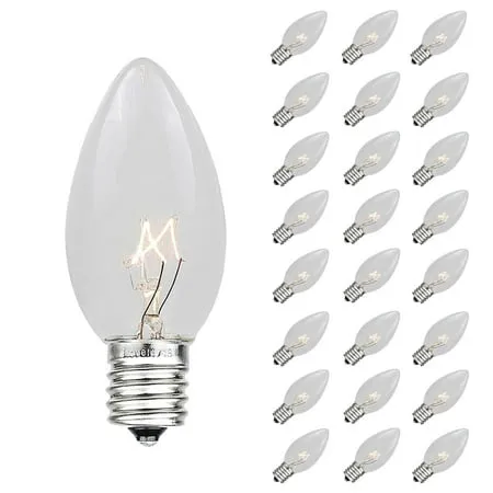 Novelty Lights 25 Pack C7 Outdoor Christmas Replacement Bulbs, Clear, C7/E12 Candelabra Base, 5 Watt