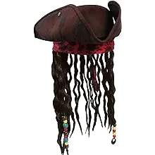 Nicky Bigs Novelties Child Buccaneer Caribbean Tricorn Pirate Hat Dreadlocks Hair Costume Cap Brown