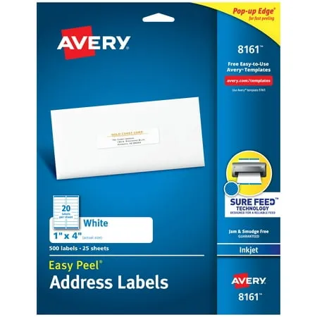 Avery® Easy Peel White Address Labels w/ Sure Feed Technology, Inkjet Printers, 1 x 4, White, 20/Sheet, 25 Sheets/Pack (AVE8161)