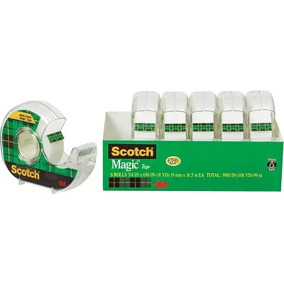 Scotch Magic Tape, Invisible, Repair Christmas Cards and Use as Holiday Gift Wrap Supplies for Christmas, 6 Tape Rolls With Dispensers