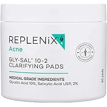 Replenix Gly-Sal 10-2 Clarifying Pads, Medical-Grade Exfoliating Cleansing Wipes for Acne-Prone Skin, Oil-Free Facial Treatment with Witch Hazel, 10% Glycolic & 2% Salicylic Acids (60 ct.)