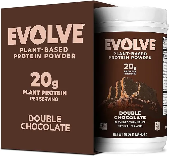 Evolve Plant Based Protein Powder, Double Chocolate, 20g Vegan Protein, Dairy Free, No Artificial Flavors, Non-GMO, 3g Fiber, 1 Pound (Packaging May Vary)