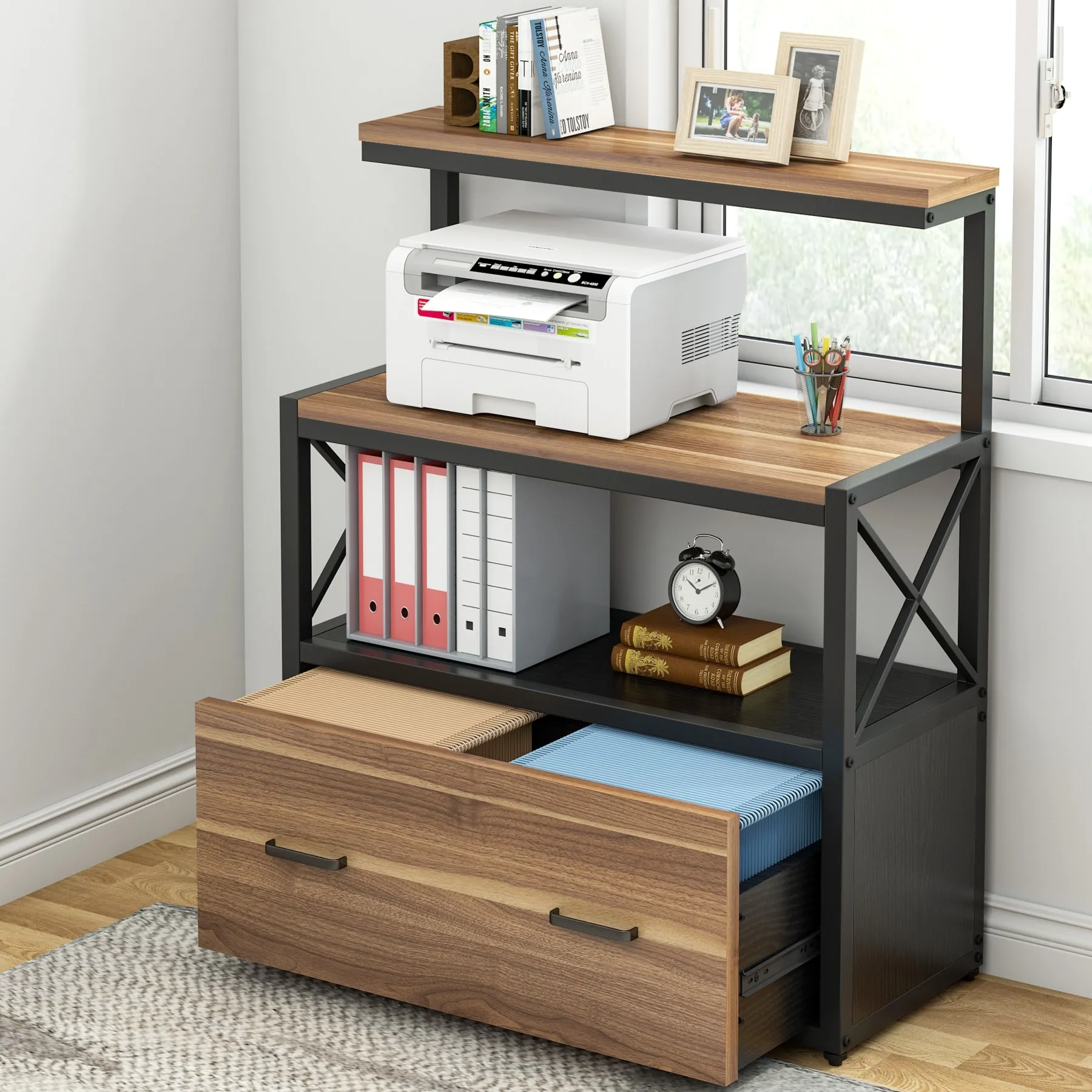 Lateral File Cabinet Filing Cabinet with 1 Large Drawer, Printer Stand with 3 Tier Open Storage Shelves for Office Home