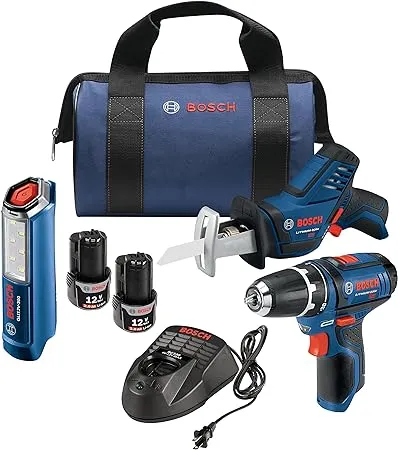 BOSCH Power Tools Combo Kit GXL12V-310B22 - 12V Max 3-Tool Set with 3/8 In. Drill/Driver, Pocket Reciprocating Saw and LED Worklight,Black/Blue