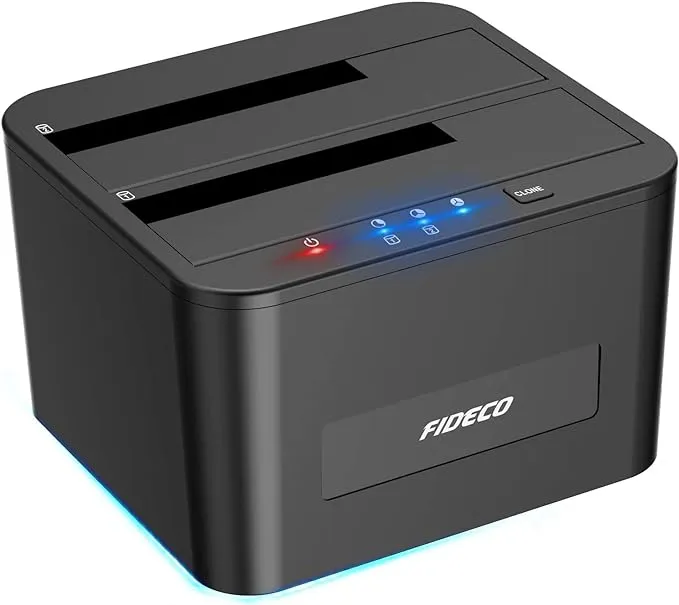 FIDECO Hard Drive Docking Station, USB 3.0 SATA HDD Docking Station for 2.5 & 3.5 inch SATA HDD/SSD, Dual Bay, Support Offline Clone and UASP