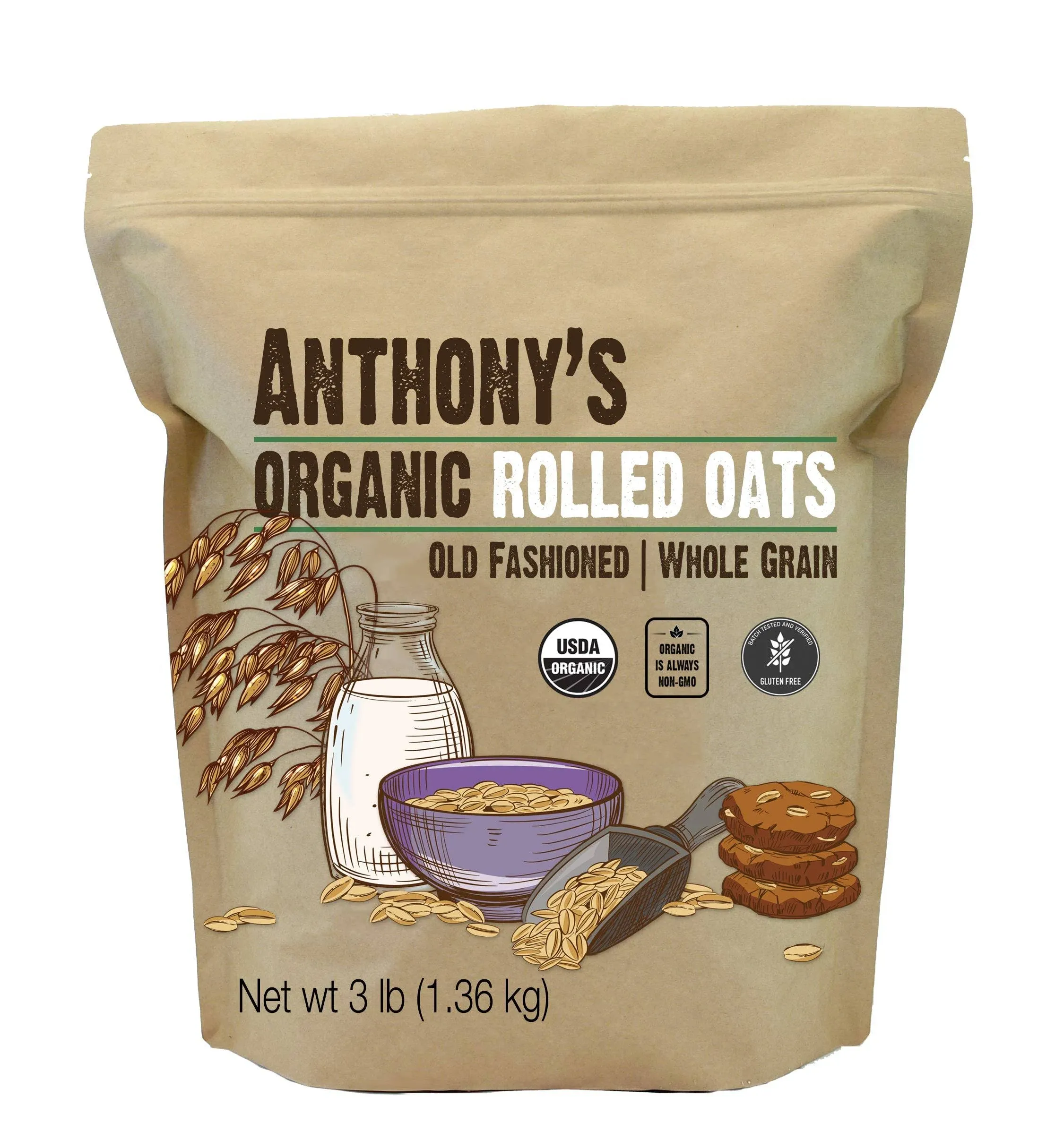 Organic Rolled Oats, 3 Lb, Gluten Free, Non GMO, Old Fashioned, Whole Grain