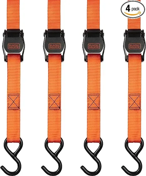 BLACK+DECKER BDX1004 Black/Orange 1" x 10' Cam-Buckle Tie Down Strap with Hooks (Supports 900 lbs of Cargo), 4 Pack